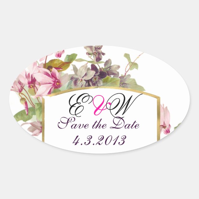 ROMANTİCA MONOGRAM / PINK CYCLAMENS SAVE THE DATE OVAL STICKER (Front)