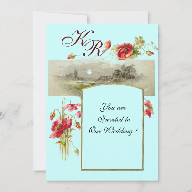 ROMANTİCA MONOGRAM / POPPIES,red,green, blue Invitation (Front)