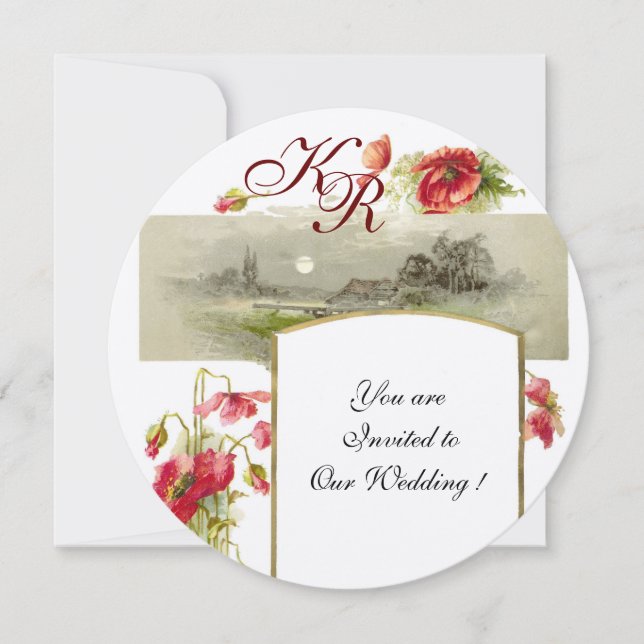 ROMANTİCA MONOGRAM / POPPIES,red,green,champagne Invitation (Front)