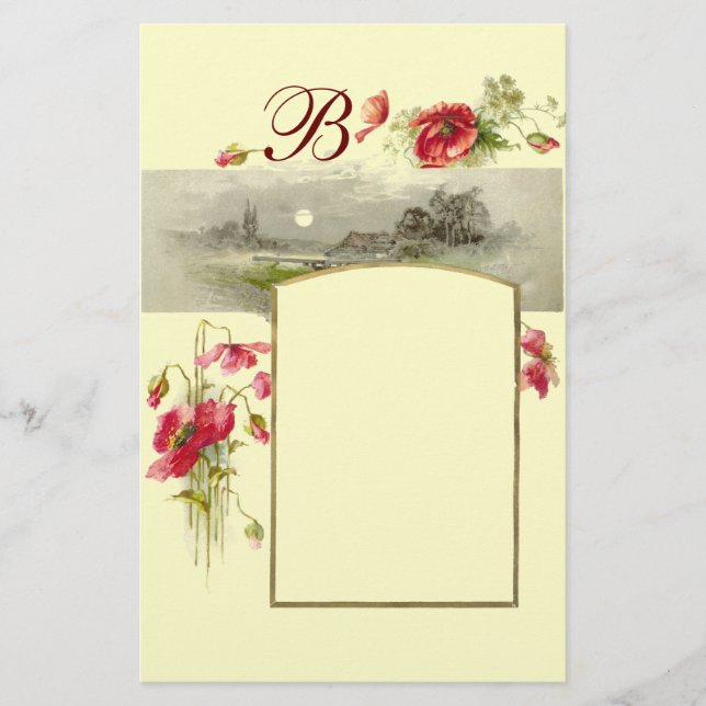ROMANTİCA MONOGRAM / POPPIES,red,green,cream Stationery (Front)
