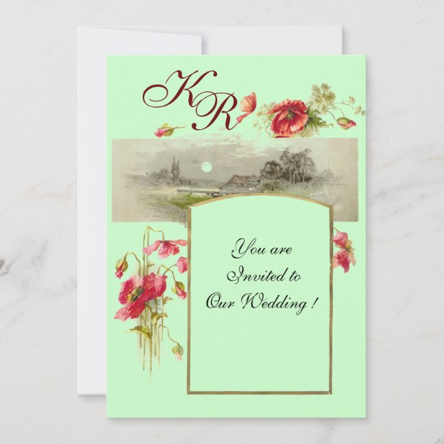 ROMANTİCA MONOGRAM / POPPIES,red,green Invitation (Front)