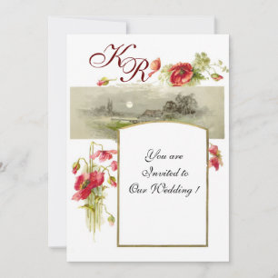 ROMANTİCA MONOGRAM / POPPIES,red,green, white Invitation
