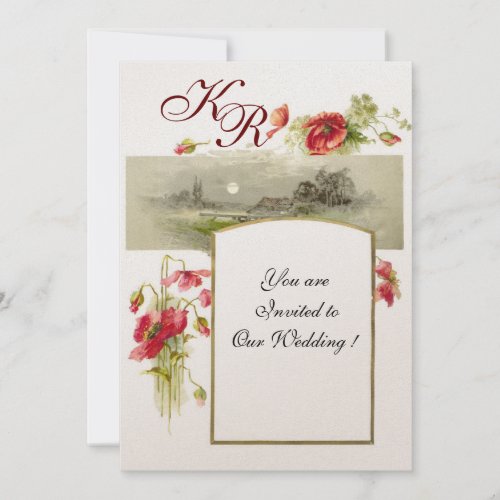 ROMANTİCA MONOGRAM  POPPIESredgreen white Invitation