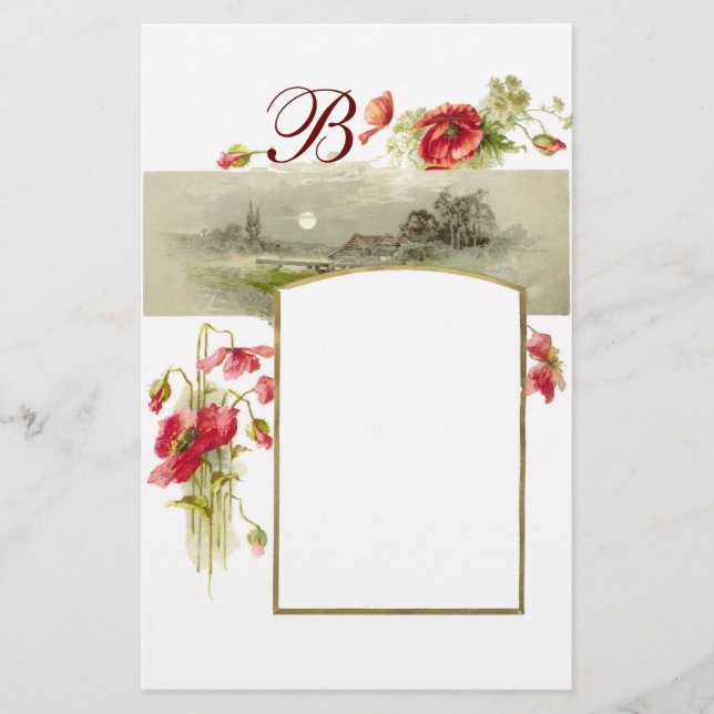 ROMANTİCA MONOGRAM / POPPIES,red,green,white Stationery (Front)