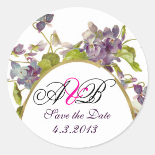 ROMANTİCA MONOGRAM / PURPLE VIOLETS SAVE THE DATE CLASSIC ROUND STICKER