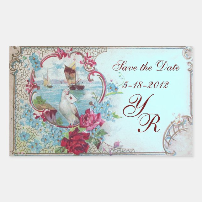 ROMANTICA MONOGRAM,Save the Date,Blue Rectangular Sticker (Front)