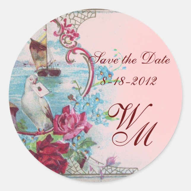 ROMANTICA MONOGRAM,Save the Date,pink Classic Round Sticker (Front)