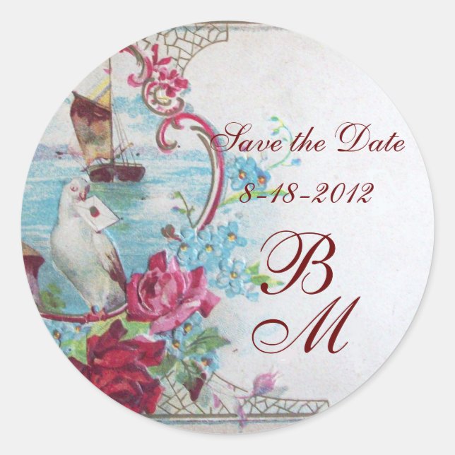 ROMANTICA MONOGRAM,Save the Date,white Classic Round Sticker (Front)