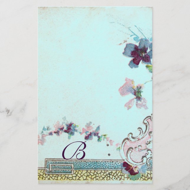 ROMANTİCA Pink Teal Blue Wedding Floral Monogram Stationery (Front)