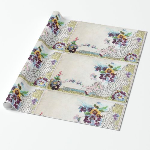 ROMANTİCA  Romantic Floral Elegant Flower Basket Wrapping Paper