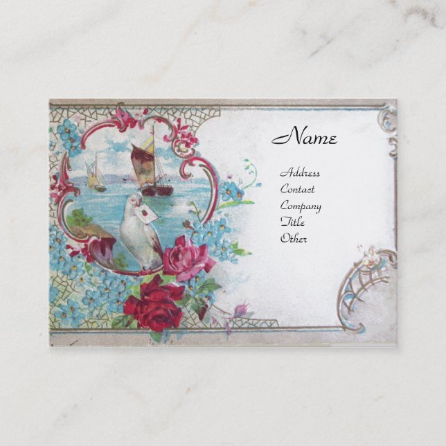ROMANTICA /ROSES,BLUE FLOWERS WHITE DOVE Floral Business Card (Front)