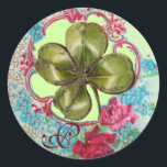 ROMANTICA / ST.PATRICK'S SHAMROCK MONOGRAM CLASSIC ROUND STICKER<br><div class="desc">Elegant, classy, vibrant and classic floral design for St, Patty's day, green clover, red,  pink irish roses , blue flowers .</div>