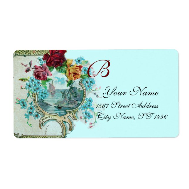 ROMANTICA TEAL BLUE FLORAL BEACH WEDDING MONOGRAM LABEL (Front)