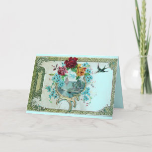 ROMANTICA,TEAL BLUE PINK FLORAL ROSES WITH SWALLOW HOLIDAY CARD