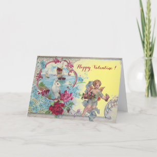 ROMANTICA /VALENTINE CUPID GATHERING PINK ROSES HOLIDAY CARD
