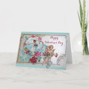 ROMANTICA /VALENTINE CUPID GATHERING PINK ROSES HOLIDAY CARD