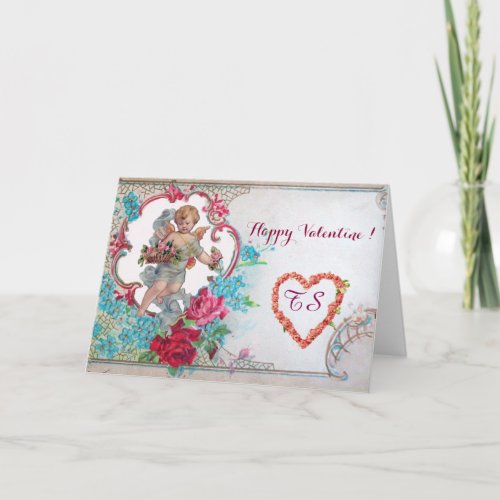 ROMANTICA VALENTINE CUPID GATHERING PINK ROSES HOLIDAY CARD