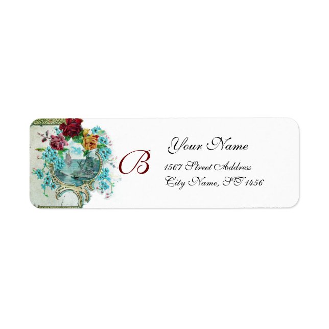 ROMANTICA WHITE BLUE FLORAL BEACH WEDDING MONOGRAM LABEL (Front)