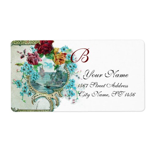 ROMANTICA WHITE BLUE FLORAL BEACH WEDDING MONOGRAM LABEL