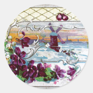 ROMANTICA /WINDMILL IN THE SNOW,PANSIES,SNOWDROPS CLASSIC ROUND STICKER