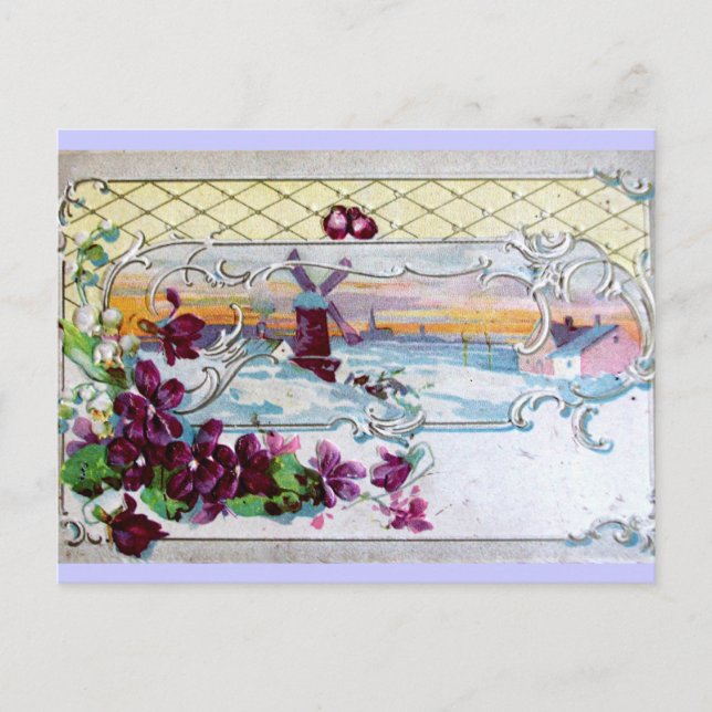 ROMANTICA /WINDMILL IN THE SNOW,PANSIES,SNOWDROPS POSTCARD (Front)