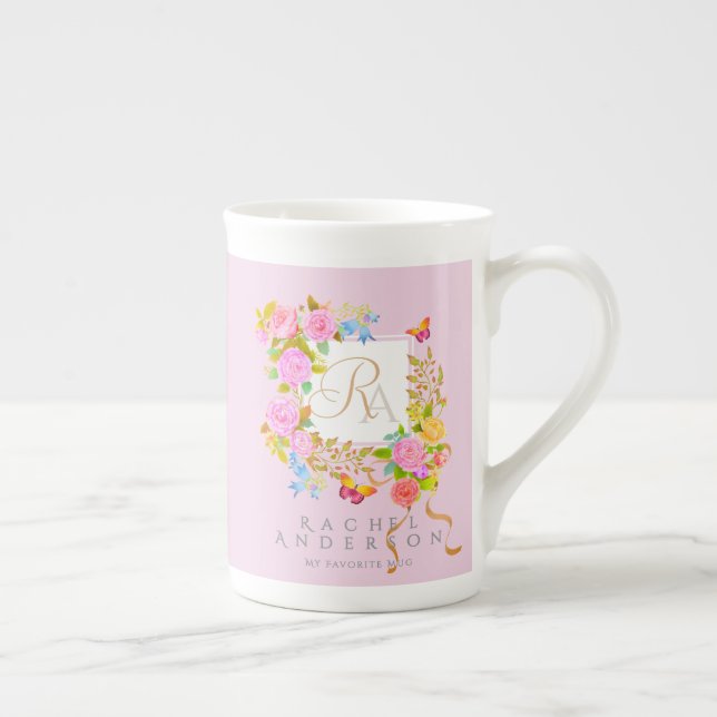 Romantics Blooming Garden Monogram Pink Bone China Mug (Right)