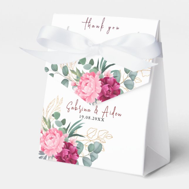 Romantric Burgundy Red | Blush Pink Floral Wedding Favor Boxes (Front Side)