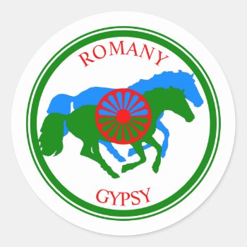Romany Gypsy Flag And Horses Classic Round Sticker by customizedgifts at Zazzle