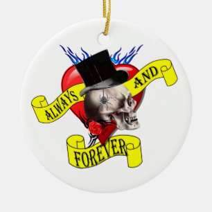 Romatic skull and heart tattoo design ceramic ornament