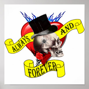 Romatic skull and heart tattoo design poster