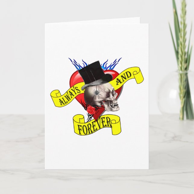 Romatic skull and Valentines love heart tattoo Holiday Card (Front)