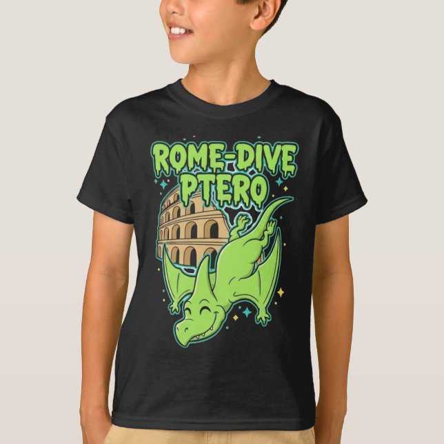 Rome-Dive Ptero Cute Dinosaur & Colosseum Travel A T-Shirt (Front)