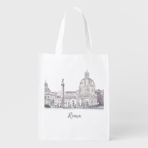 Rome Italy Ancient Architecture Skyline Drawing Grocery Bag