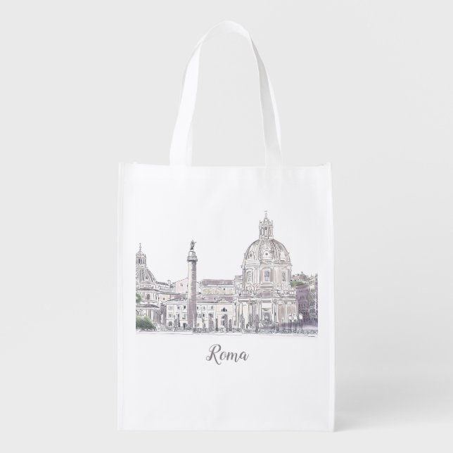 Rome Italy Ancient Architecture Skyline Drawing Grocery Bag (Front)