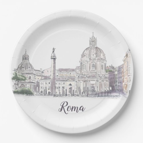 Rome Italy City Scene  Domes Obelisk Ink Drawing Paper Plates