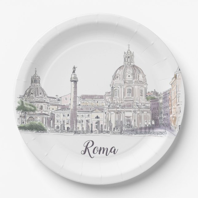 Rome Italy City Scene  Domes Obelisk Ink Drawing Paper Plates (Front)