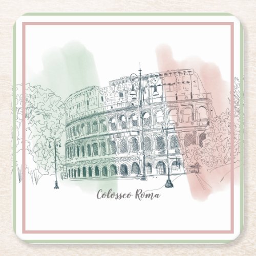 Rome Italy Colosseum and Italy Flag Colors Sketch Square Paper Coaster