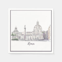 Rome Italy Domes and Obelisk City Scene Ink Sketch