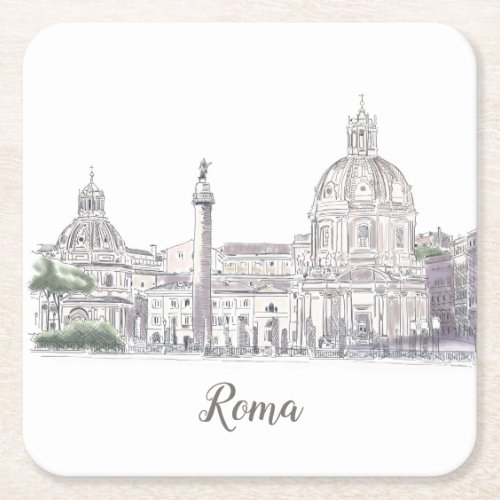 Rome Italy Iconic Pen and Ink Illustration Square Paper Coaster