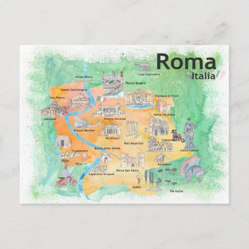 Rome Italy Illustrated Travel Map  Postcard