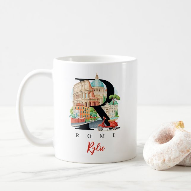 Rome Italy Monogram Letter R Personalized Gift Coffee Mug (With Donut)