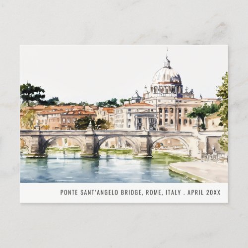 Rome Italy Tiber River Watercolor Italian Travel Postcard