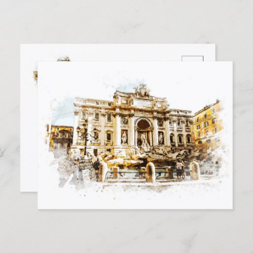 ROME Italy Trevi Fountain Watercolor Painting Roma Postcard