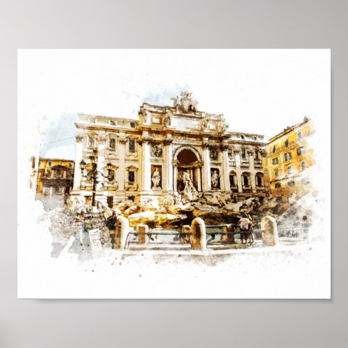 ROME Italy Trevi Fountain Watercolor Painting Roma Poster