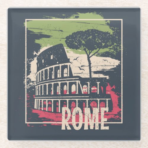 Rome Typography Eiffel Tower Poster Glass Coaster