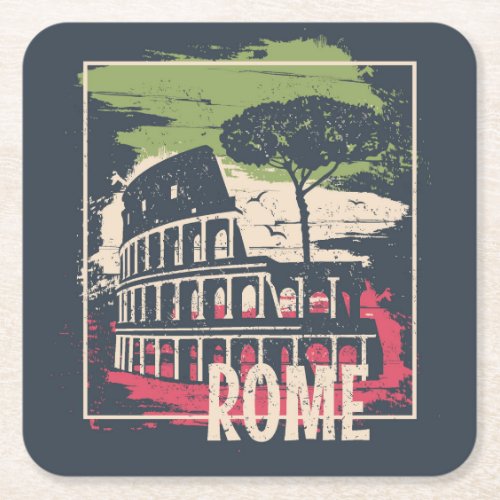 Rome Typography Eiffel Tower Poster Square Paper Coaster