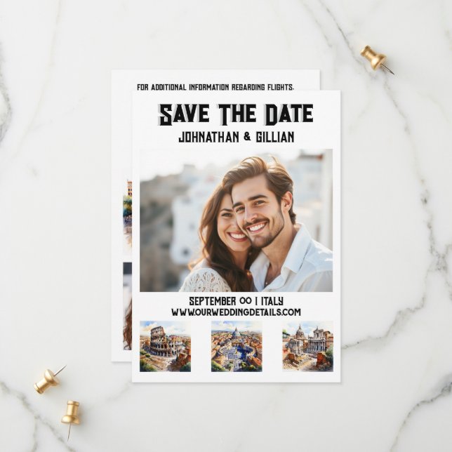 Rome wedding 3 photo watercolor attractions save the date (Front/Back In Situ)