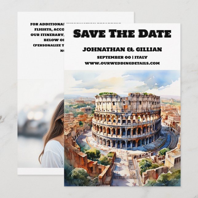 Rome wedding save the date modern watercolor chic (Front/Back)