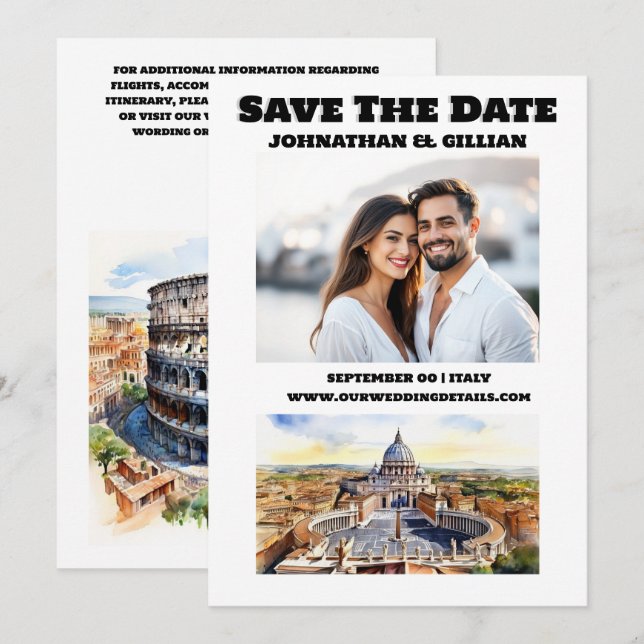 Rome wedding watercolor attractions photo save the date (Front/Back)