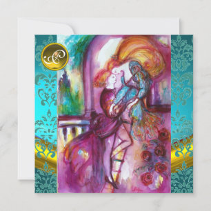 ROMEO AND JULIET Aqua Blue,Teal Damask Floral Invitation